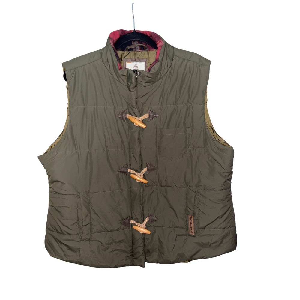 Vest Plaid Lined Duffle Toggle Closure Olive Green Legendary Whitetails 1XPuffer